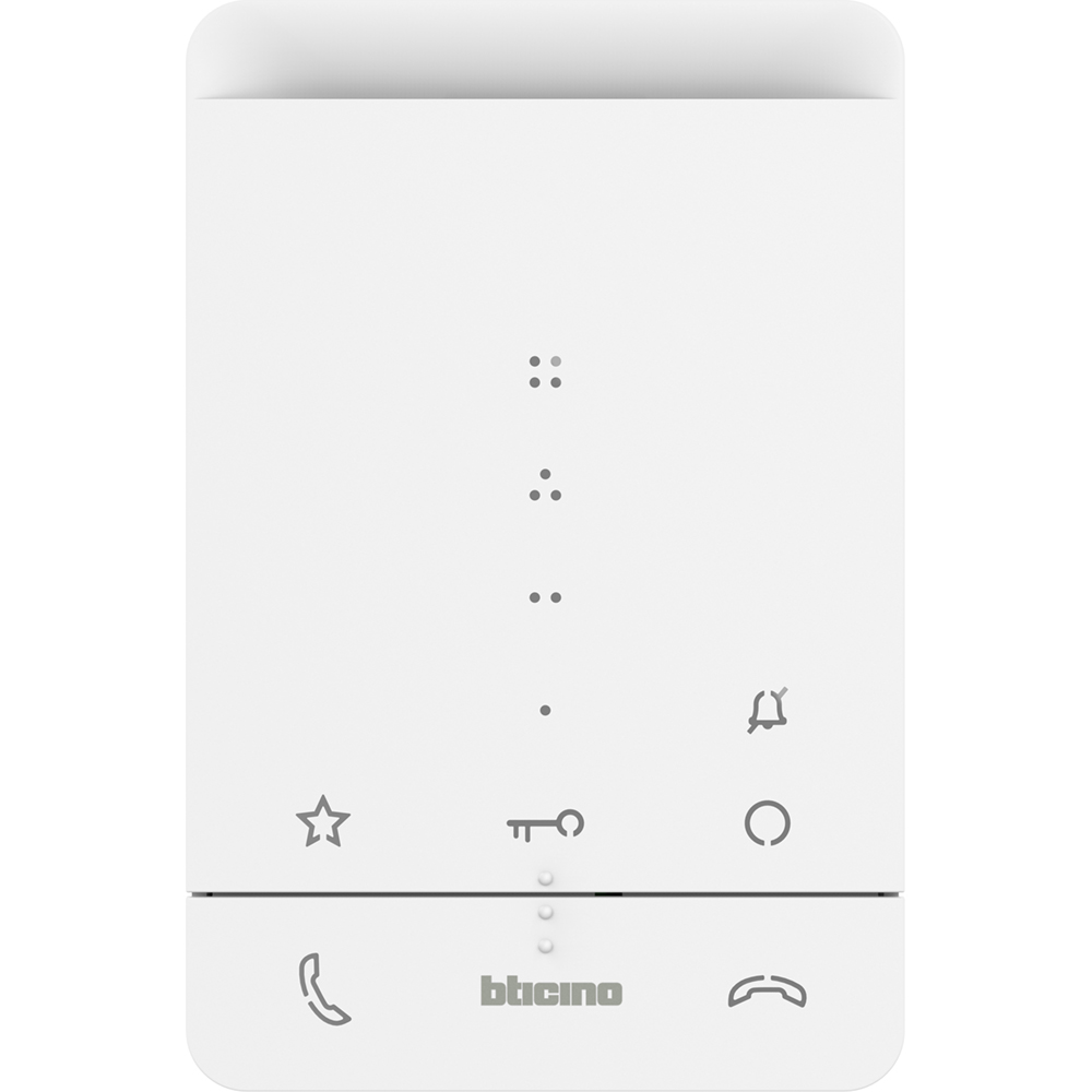 Hvit dørtelefon med grå knapper og Bticino logo